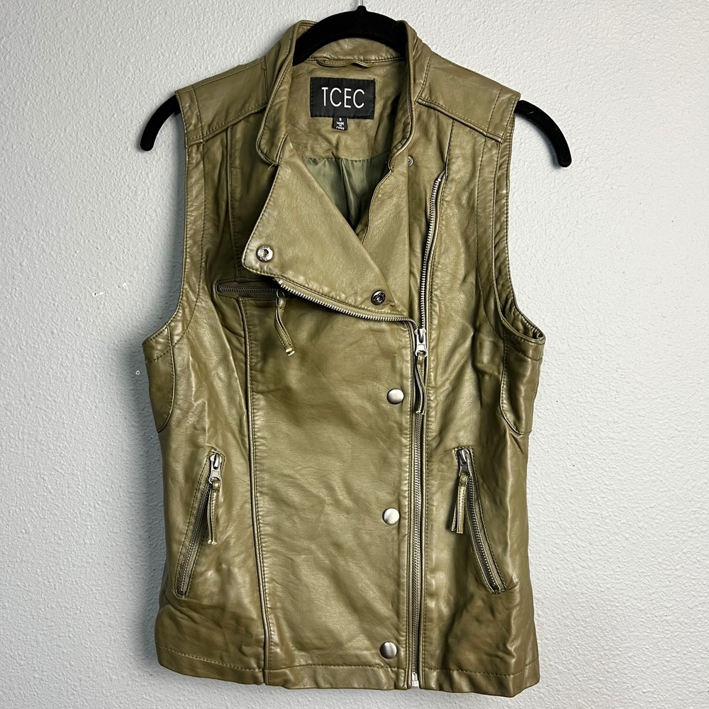 TCEC Faux Leather Moto Vest Olive Green Snap Button Zip Pockets Boho Size Sm